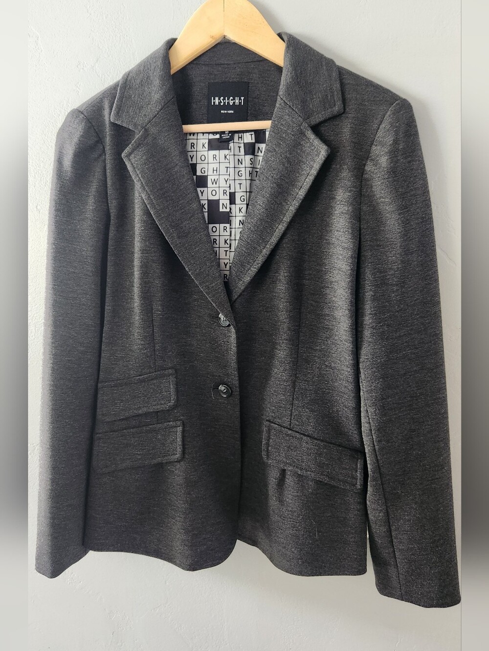 Insight New York Charcoal Blazer With Crossword Pattern Lining Size 10 - Picture 3 of 11